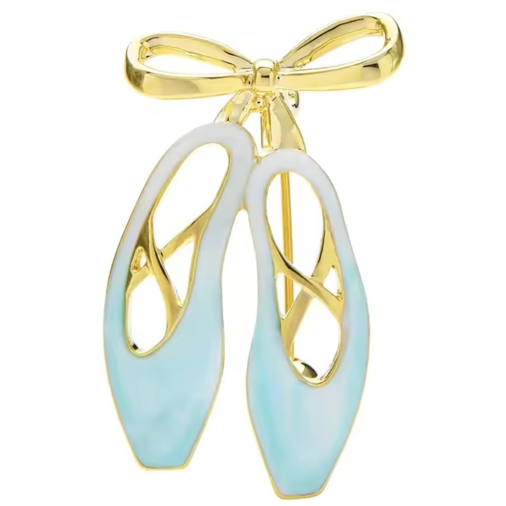 Charming Blue Ballet Slippers Gold Brooch